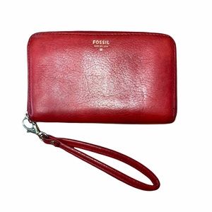 Fossil leather wallet red wristlet zip around